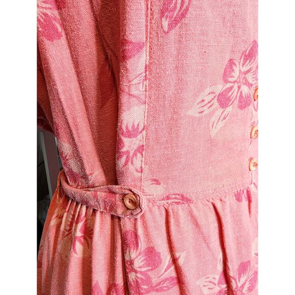 Vtg 90s Pink Floral Hibiscus Linen Tie Back Short Sleeve Coquette Dress Sz M - Picture 5 of 6